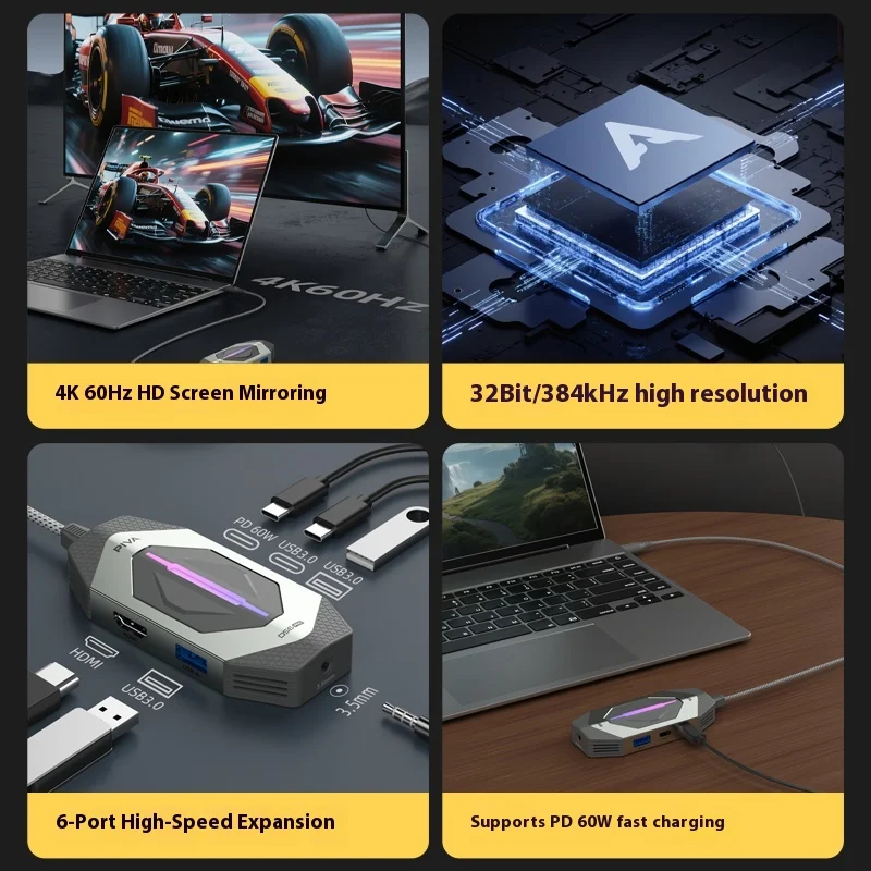 PIVA DS6 PRO 6 في 1 4K60 هرتز محطة إرساء 3.5 مللي متر سماعات نوع C إلى USB HUB HDMI الإسقاط PD60W محول تدفق الألعاب