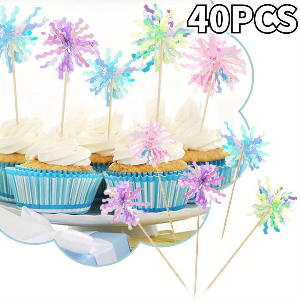 

40Pcs Cake Decoration Glitter DIY Wooden Style Wedding Party Colorful Firework Tassel Cup Top Wedding Baking Dessert Decoration