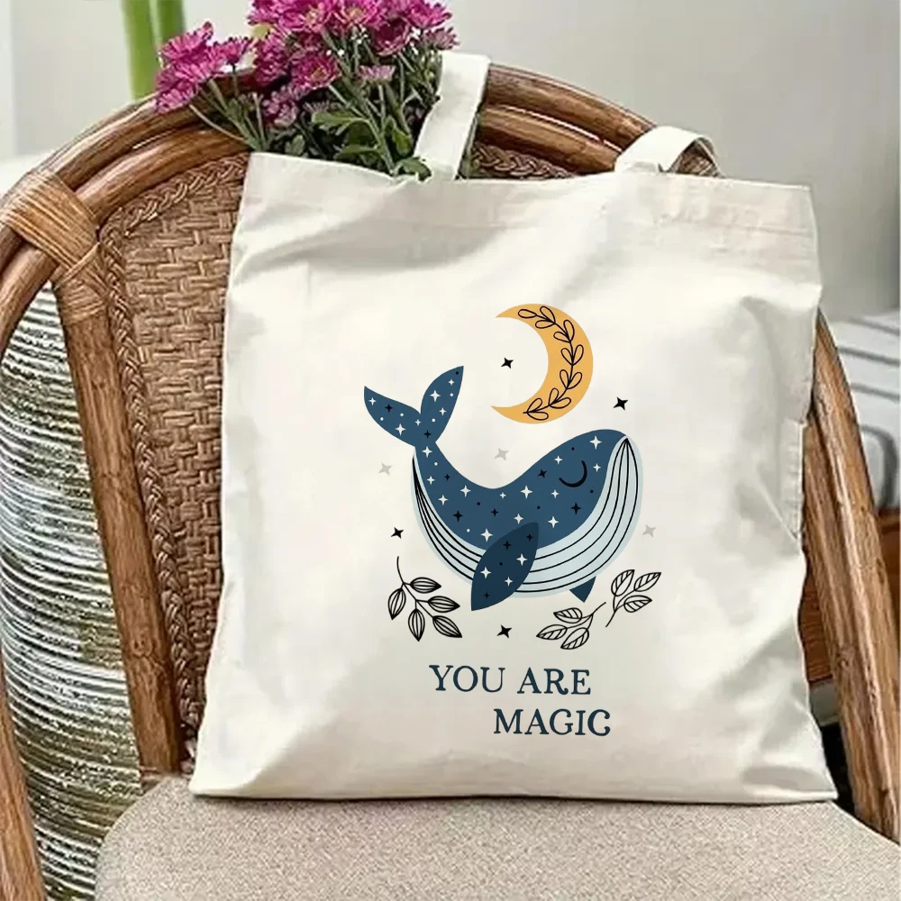 

Cute You Are Magic Canvas Tote Bag Vintage Moon Starry Whale Print Reusable Shopping Grocery Shoulder Handbag Beach Purse