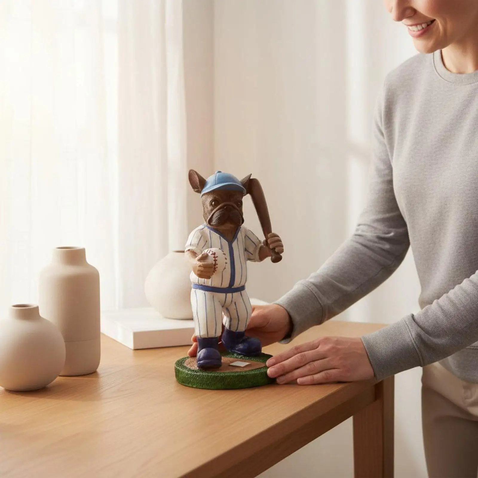 Baseball Player Bulldog Statue Resin Figurine French Dog Decor Vintage Canine Sculpture for Desk Shelf Collection