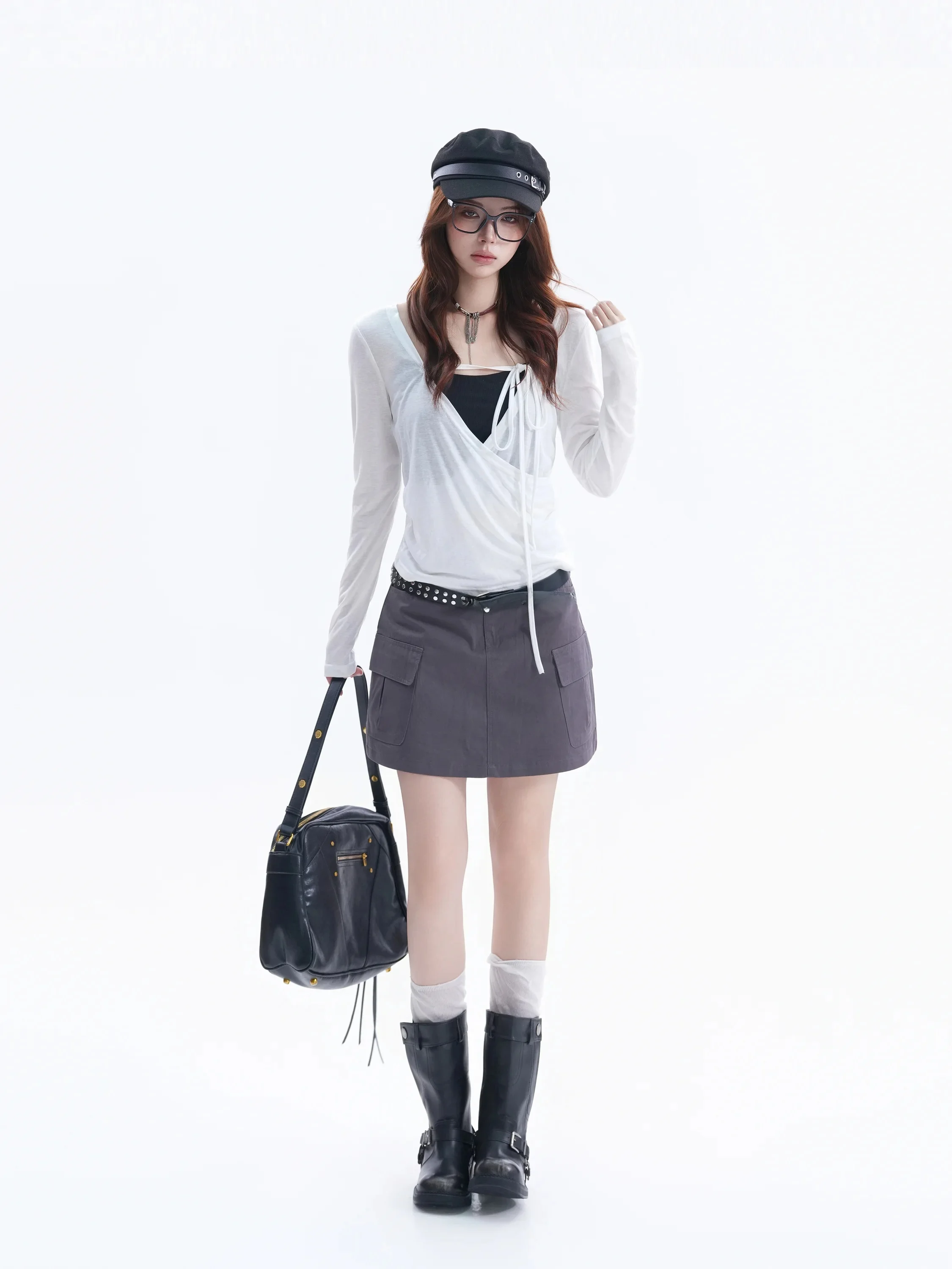 Pure Desire Style Long Sleeve V-Neck Cross T-Shirt Sexy Early Autumn Tight Fit Semi-Transparent Korean Style Casual Top