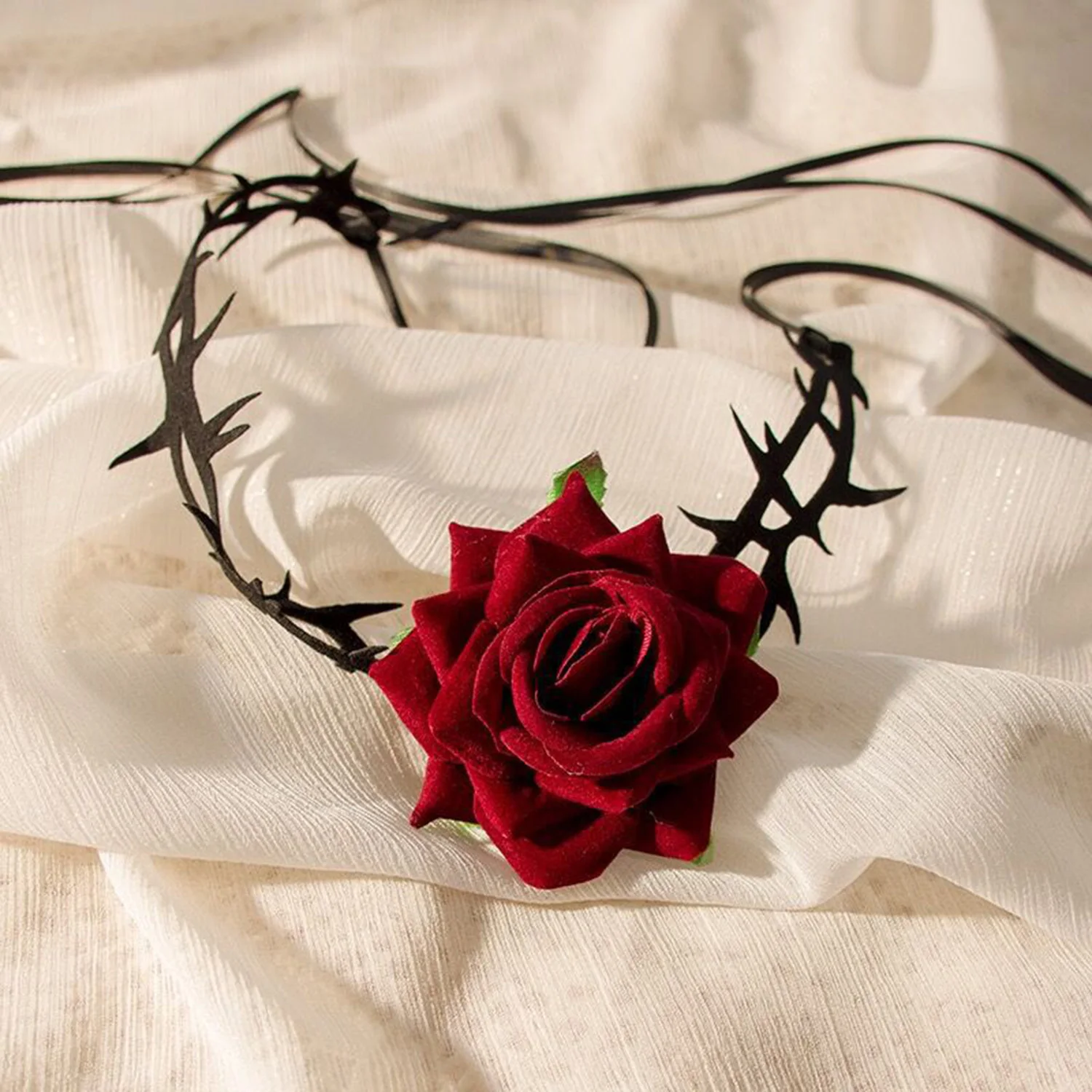 Red Black Rose Flower Choker Necklace For Women Gothic Velvet Collar Necklace Adjustable Long Chain Punk Dark Lolita Jewelry