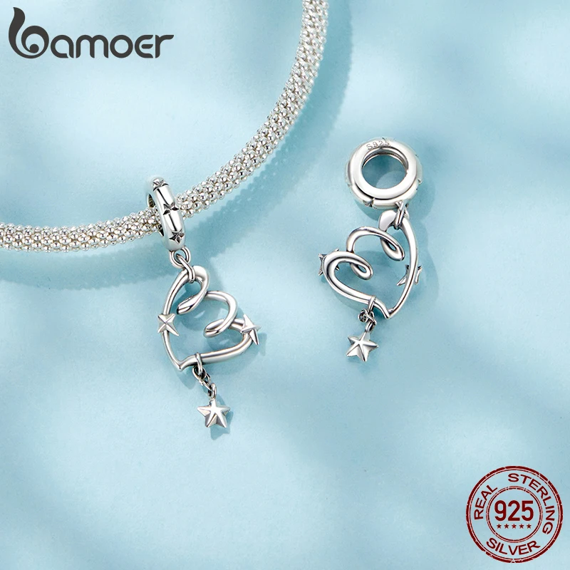 BAMOER Solid 925 Sterling Silver Heart Love & Star Charm Pendant fit Original Bracelet & Necklaces Jewelry DIY bamoer Charm