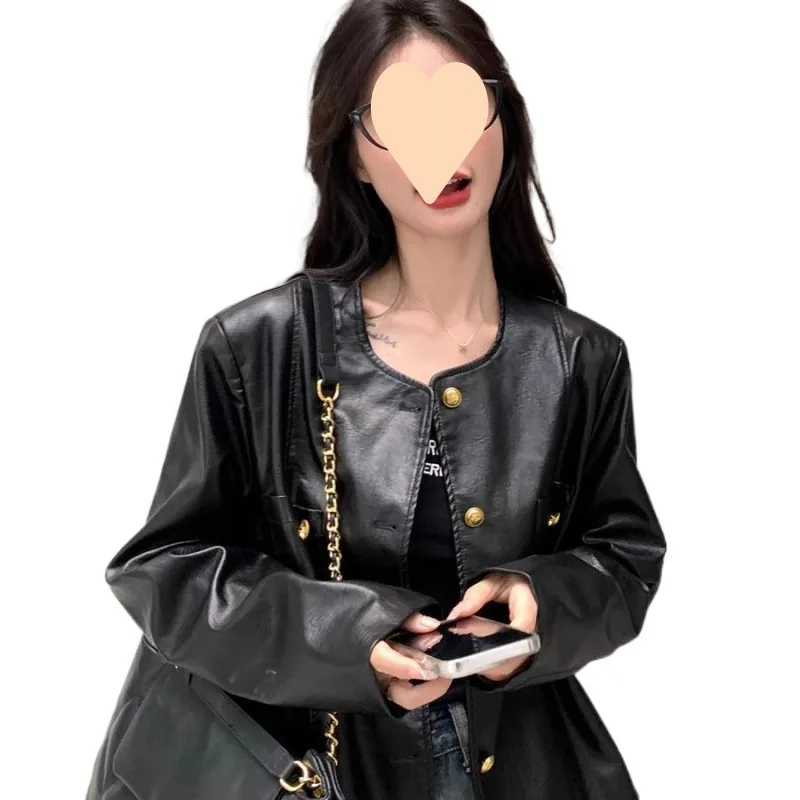 Novo em casacos jaquetas mulheres estilos curtos primavera novo estilo coreano em torno do pescoço único breasted bolsos emendados jaqueta de couro do plutônio