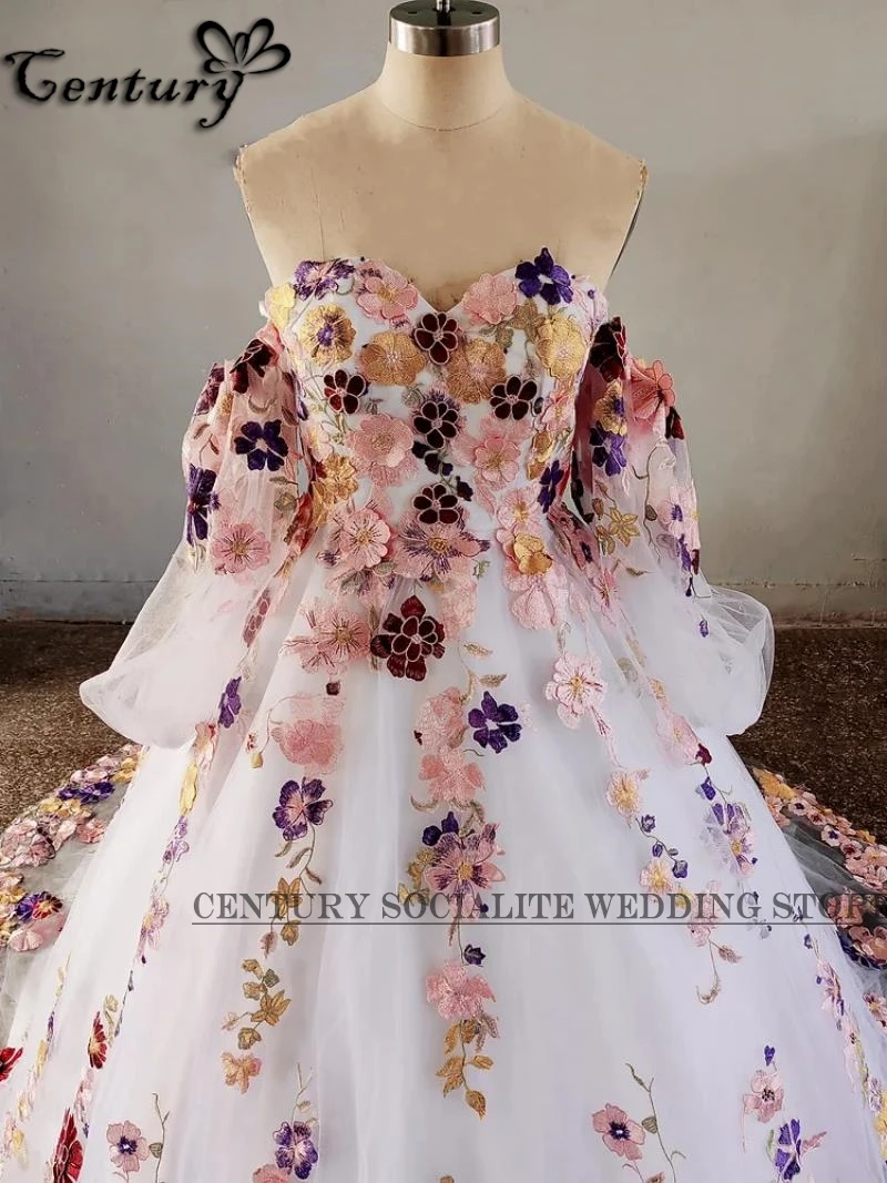 Embroidery Flowers Wedding Dress 2025 Puff Sleeves Floral Tulle Prom Dresses Wedding Party Dresses Vestidos De Noche Customized