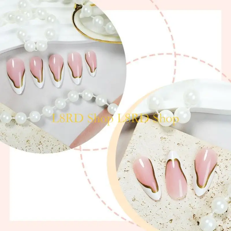 L8RD 1 Set French Tip False Nails Detachable Press On Nails Almond Full Cover on Nails Manicures Supplies for Woman