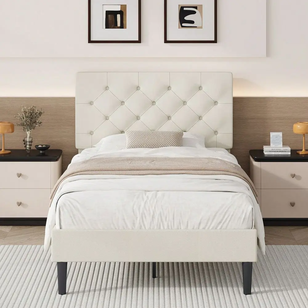 

Bed Frame With Headboard, Linen Fabric Bed Frame With Button Tufted Headboard, No Box Spring Needed, Easy Assembly, Twin Full Qu