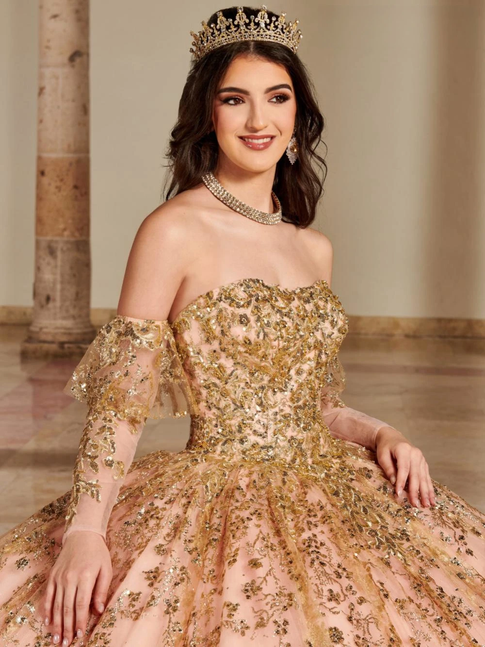 Luxe Afneembare Mouwen Baljurk Quinceanera Jurken Gouden Pailletten Appliques Prinses Prom Dress Vestidos De 15 Quinceañera