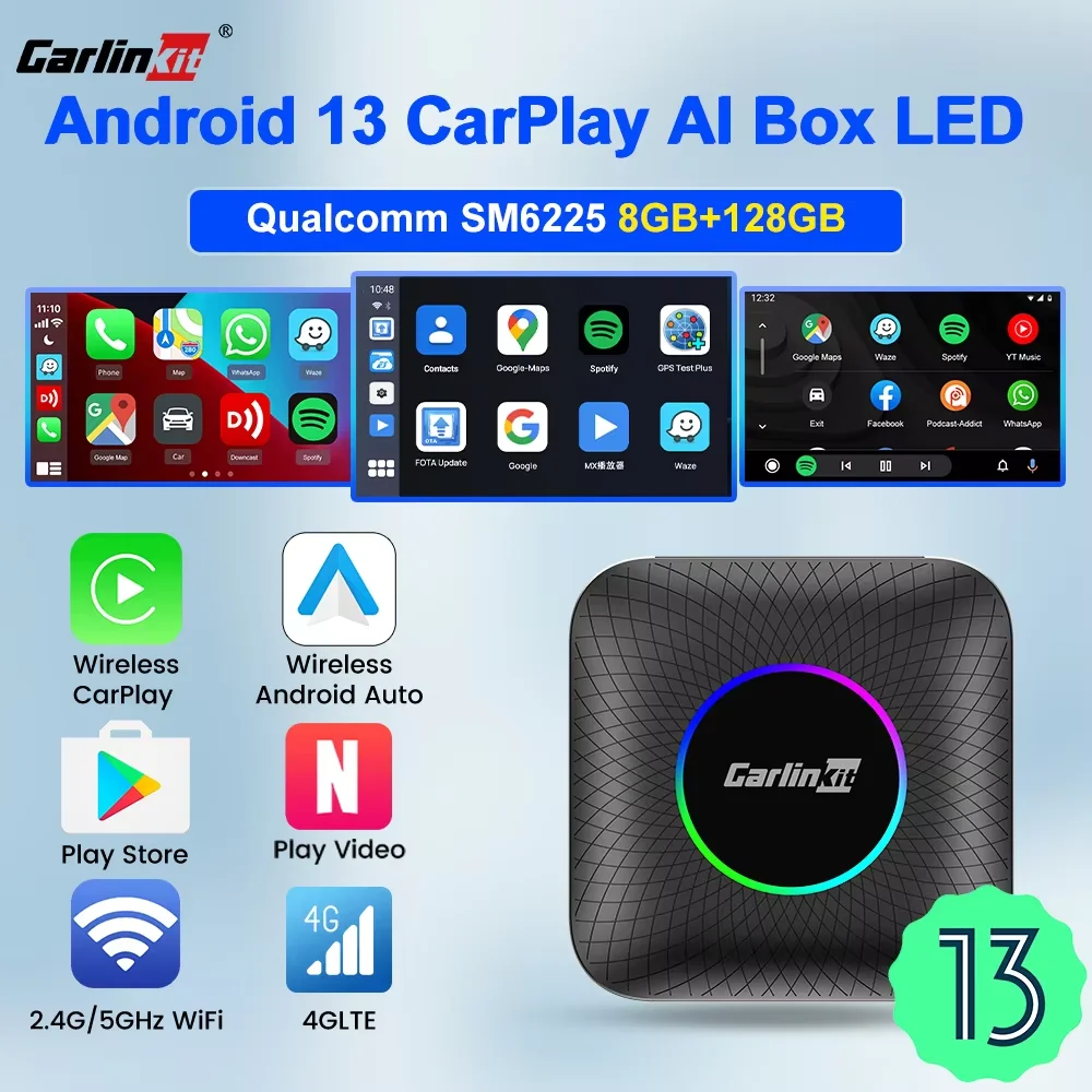 CarlinKit CarPlay Ai Box Android 13 SM6225 8 Cores 64GB 128GB Car Smart Streaming Box Wireless CarPlay Android Auto For Netflix