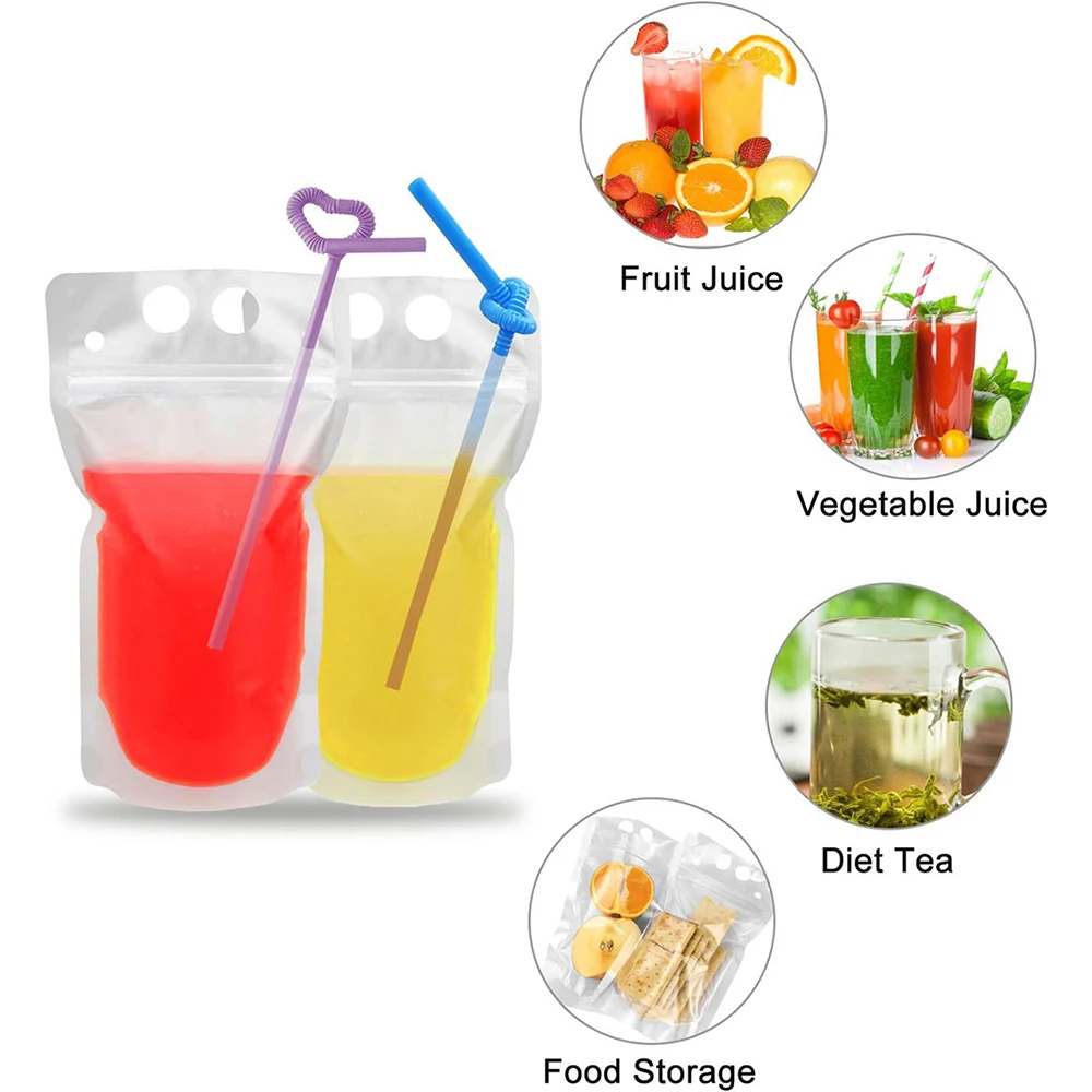 Drink Pouches, Freezable Juice Pouches, Translucent Reclosable Zipper Plastic Pouches Drink Bags for Cold & Hot Drinks