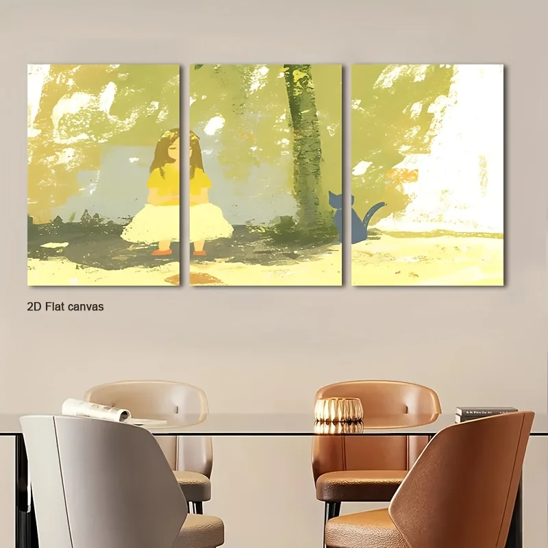 Frameless canvas 2D Flat, 3pcs Sunlit Grove Girl &  Wall Art - Wrapped Canvas -Themed, Room & Decor -  Suitable For, Office,