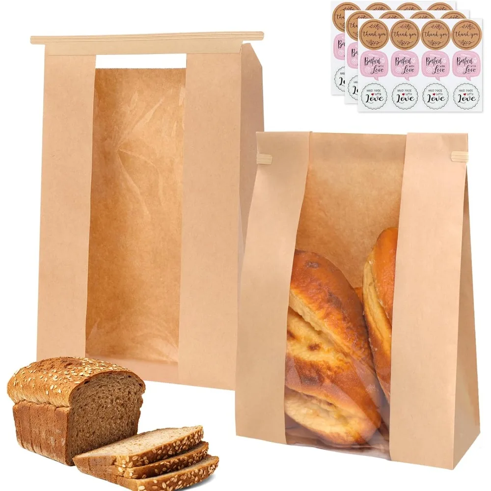 

20 Pack Paper Bread Bags for Homemade Bread, 13.7x8.3x3.5 Inches, Sourdough Bread Bags with Tin Tie Tab and Clear Front Window, Includes 36 Label Seal Stickers