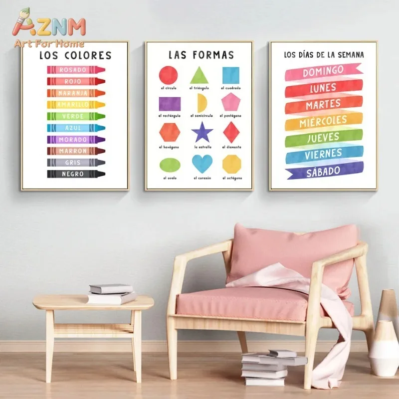 AZNM Colorful Spanish Learning Canvas Wall Art Alphabet Numbers Days Shapes Colors Weather Educational Poster Kids Nursery Homes