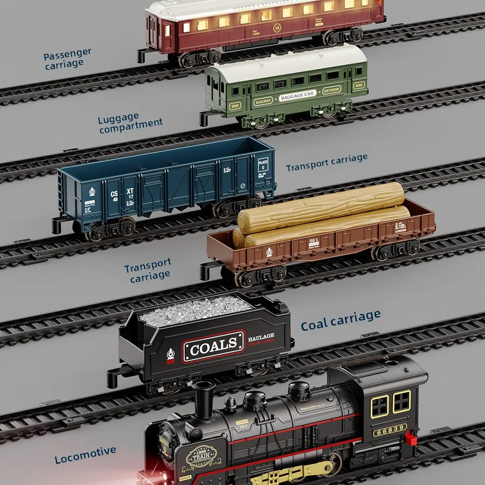 الرجعية قطار البخار الكهربائي المسار محاكاة الكلاسيكية السكك الحديدية قطار الشحن عالية السرعة السكك الحديدية قطار نموذج الصبي لعبة هدية الكريسماس