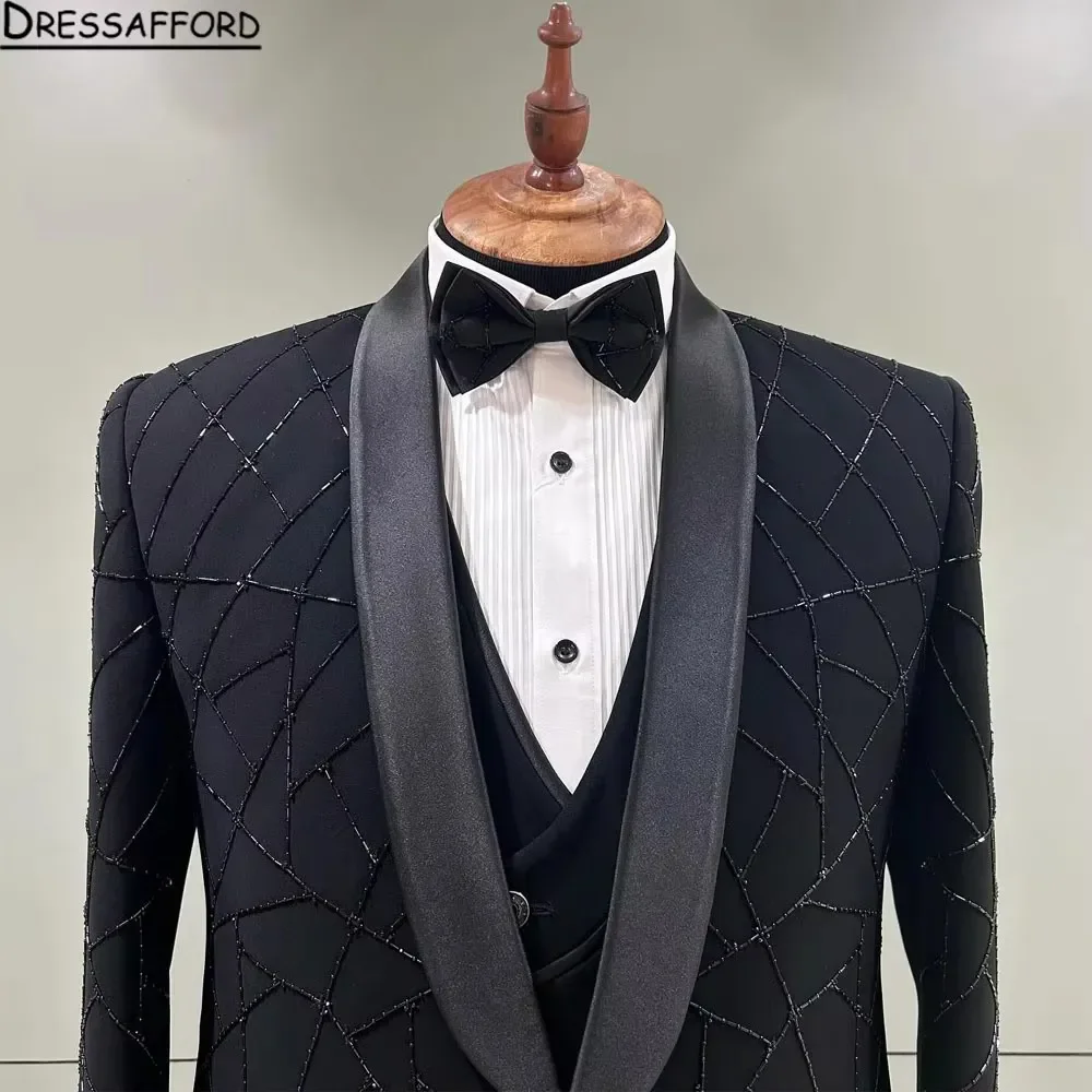 Black Blazers Men Suits Geometric Beading Fashion Banquet 2 Piece Business Jacket Pants Trousers