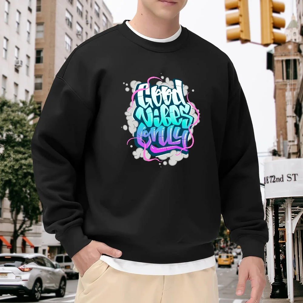 

Men's Black Crew Neck Pullover Sweatshirt with Trendy Letter Print, Loose Fit, Street Casual Style Top, Comfortable and Versatile for Everyday Wear