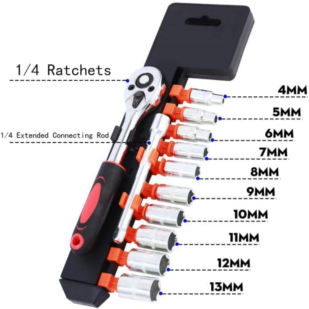 12 Pcs 1/4 Inch Ratchet Socket Wrench Set Drive Metric Socket Set with Quick Release Reversible Ratchet Wrench and Extension Bar