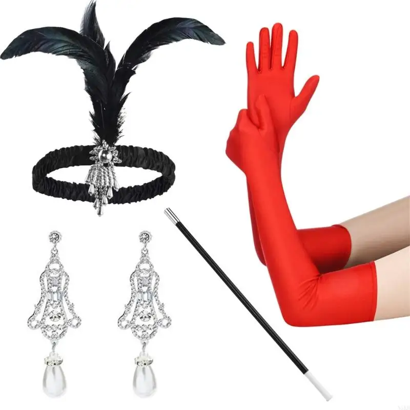 N5KB 1920 年代の女性フラッパー アクセサリー ギャツビー パーティー コスチューム フェザー ヘッドバンド イヤリング