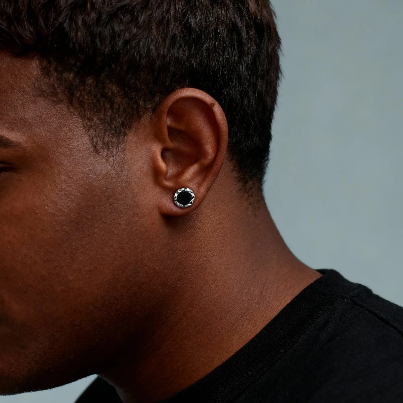 Black Onyx Round Metal Stud Earrings,Hip Hop Edge-Cut Textured Small Ear Studs,Unisex Piercing Earring Jewelry Gifts