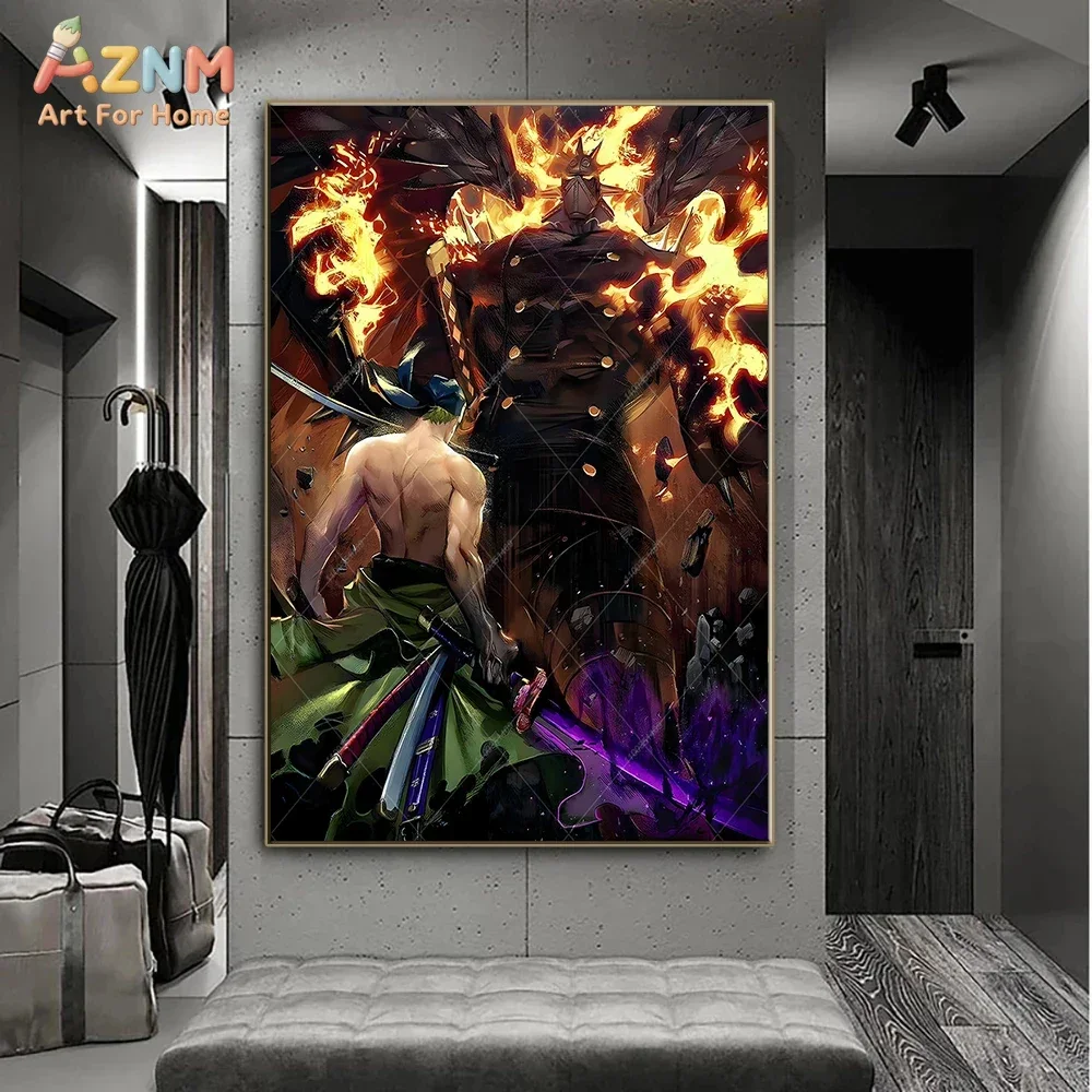 AZNM One Piece Luffy Gear 5 Nika Yonko Kaido Wano Country Battle Anime Frameless Canvas Wall Art, Modern Home Living Room Decor