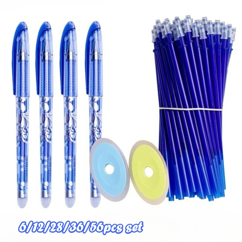 6/12/28/36/56pcs Erasable Gel Pen, 0.5mm Needle Tip Disappearing Ink Pen, Heat Activated Blue Ink Color, Refillable Writing Tool