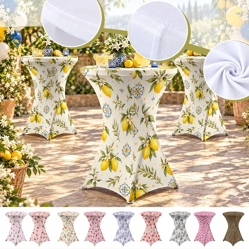 Elastic Spandex Cocktail Table Cover, Milk Silk Printed Fitted Tablecloth for Birthday Party, Wedding Banquet, Event Decoration
