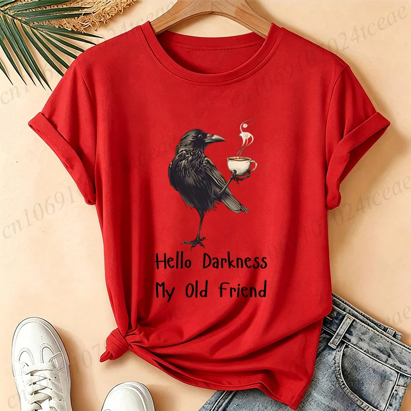 Damen-T-Shirt „Hello Darkness My Old Friend Crow“ mit Kaffeemotiv, Vintage-T-Shirt, Gothic-Raben-Print, kurzärmelig, lässiges Streetwear-Oberteil – Detail 6