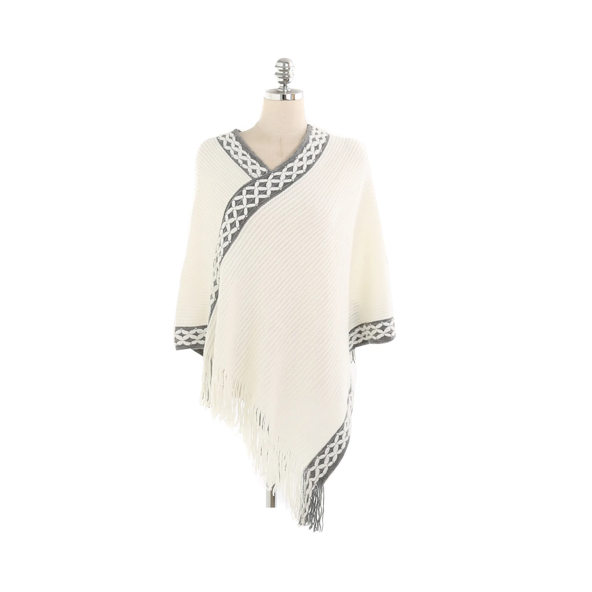 

2022 Spring Autumn Embroidered Neckline Solid Color Imitation Cashmere Warm Pullover Shawl Scarf Cloak Lady Poncho Capes White