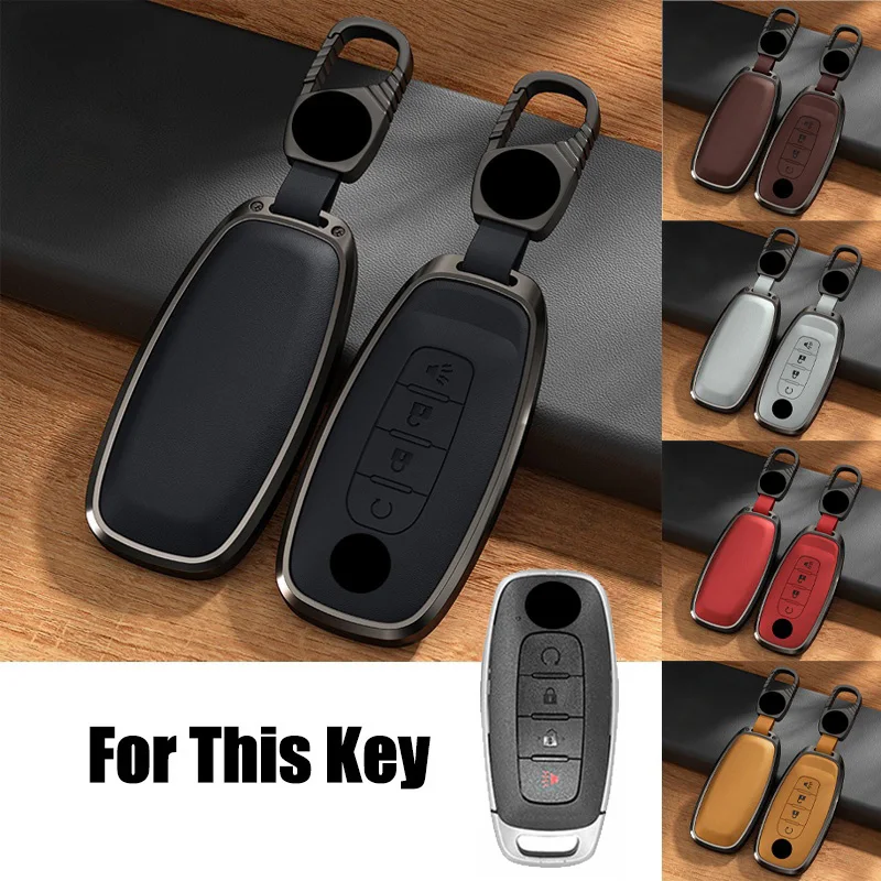 

Aluminum Alloy Leather Remote Smart Car Key Fob Case Cover Holder Bag With Keychain For Nissan Rogue Kicks Ariya Pathfinder