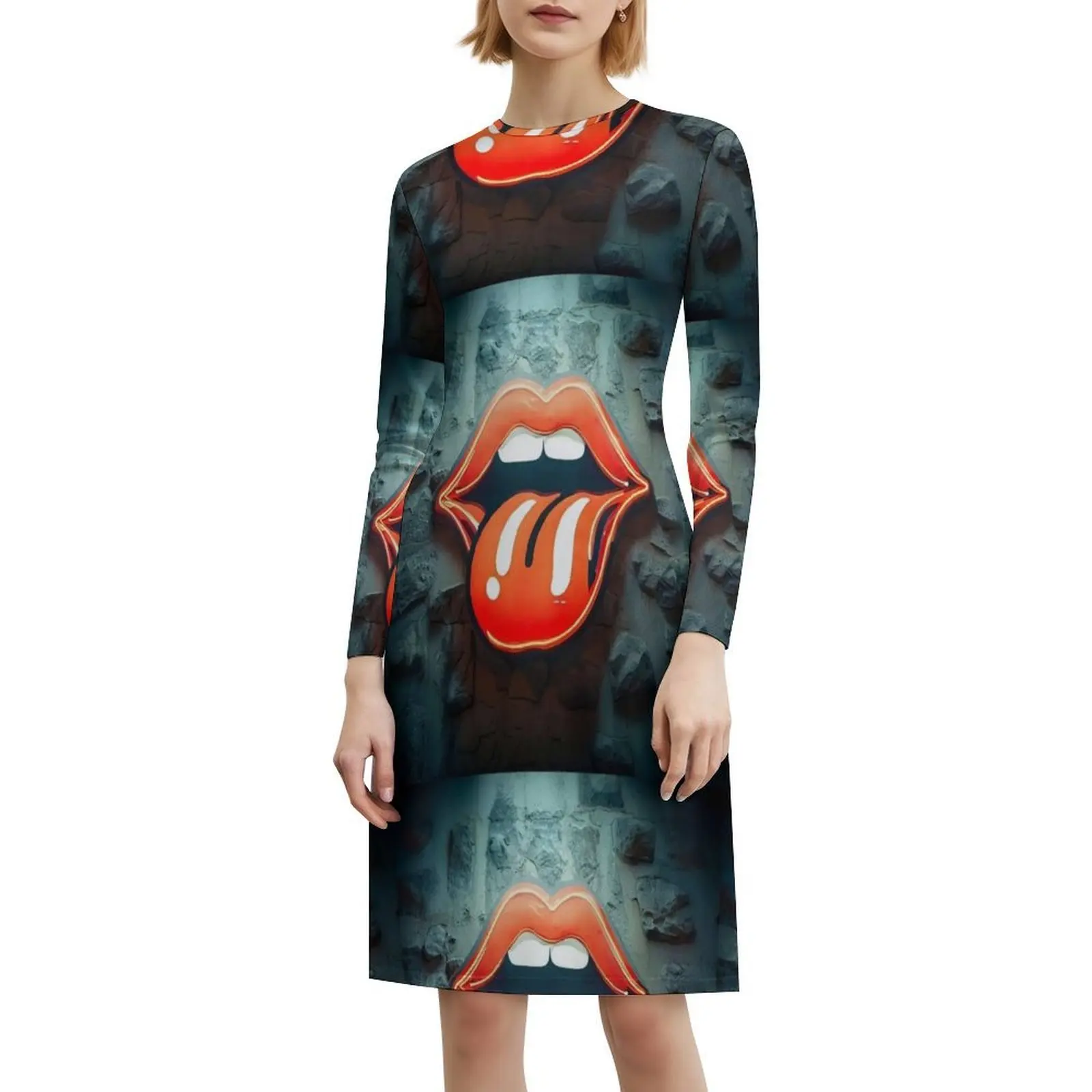 ضوء النيون على الحائط الحضري: فستان على الطراز الكوري لللسان والشفاه للنساء فستان كاجوال أنيق للحفلات أو الارتداء اليومي ضوء النيون #6