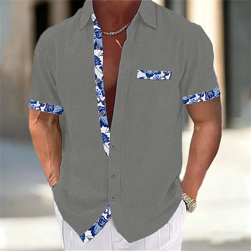 قميص رجالي بأكمام قصيرة من البورسلين باللونين الأزرق والأبيض، قميص كاجوال فضفاض من القطن والكتان قابل للتنفس، مقاسات XS-6XL #5