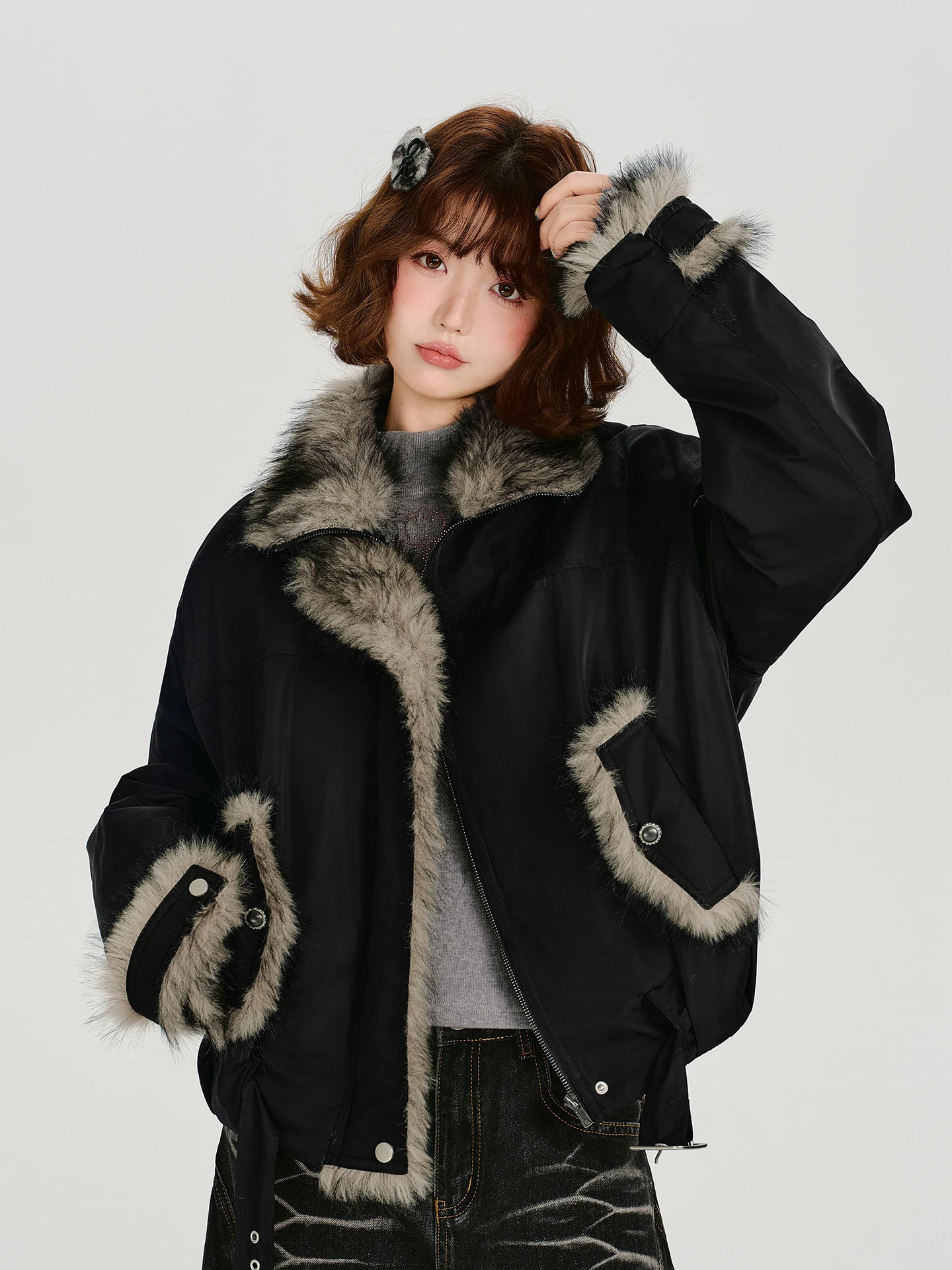 

Женская куртка в американском ретро-стиле, утепленная, свободного кроя, с меховым воротником, повседневная, на молнии, верхняя одежда для женщин