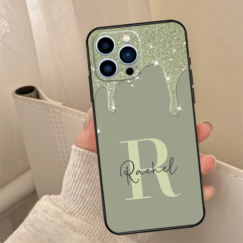 Personalised Name slim liquid glitter Case For iPhone 16 15 12 13 Mini 11 14 Pro Max X XR XS 7 8 14 Plus Cover Coque