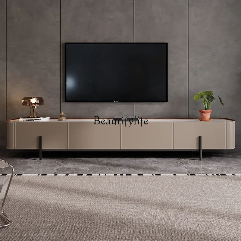 

LXItalian minimalist saddle leather TV cabinet Modern wall rock slab floor cabinet