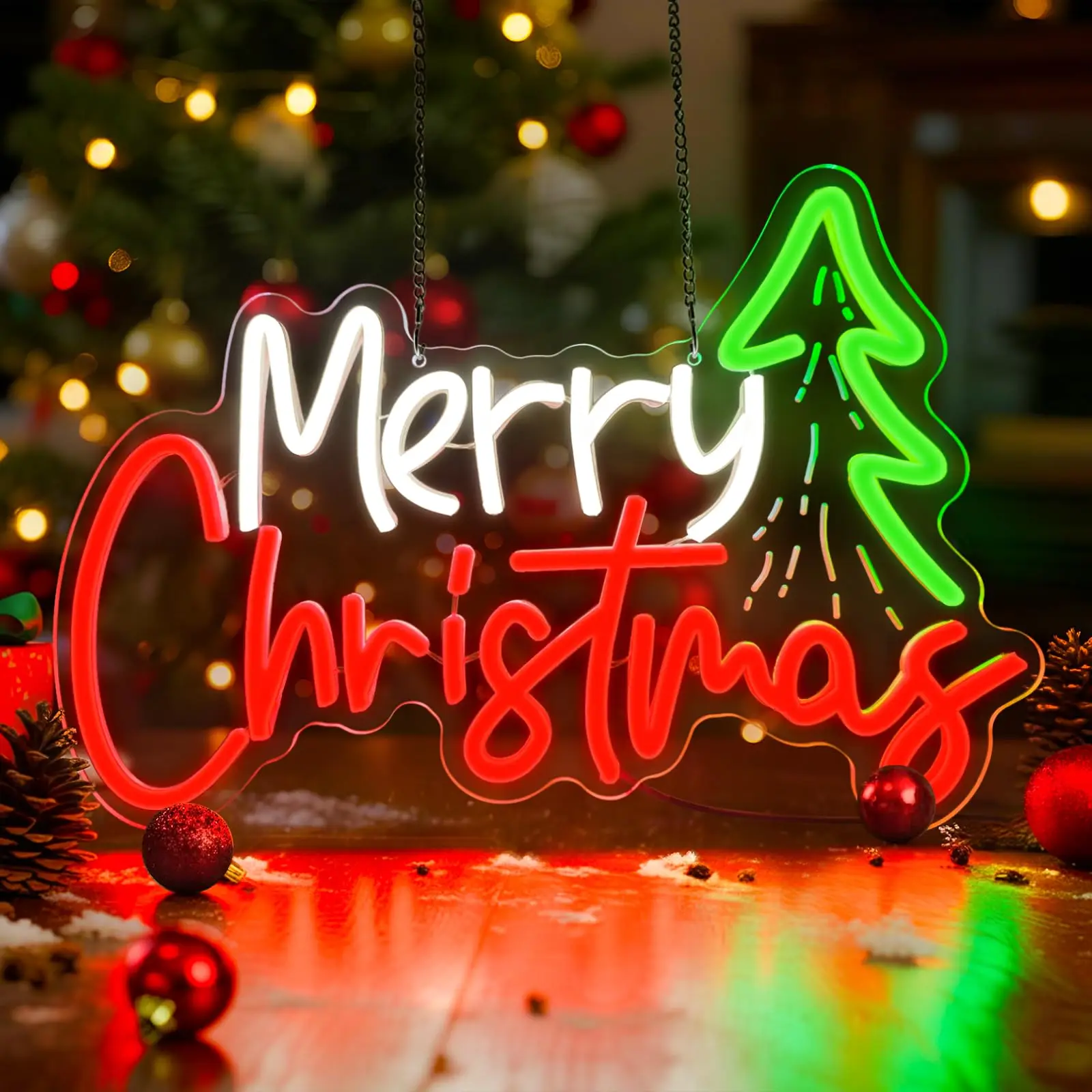 Merry Christmas Neon Sign with Tree Carving Dimmable Switch USB Powered LED Light Up Sign for Xmas Wall Decor Home Party Gift
