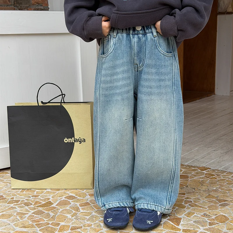 

Children 1-14Y Girl Jeans Solid Color Thicken Warm Toddler Girls Demin Pant New Winter Elastic Waist Versatile Kids Girl Trouser