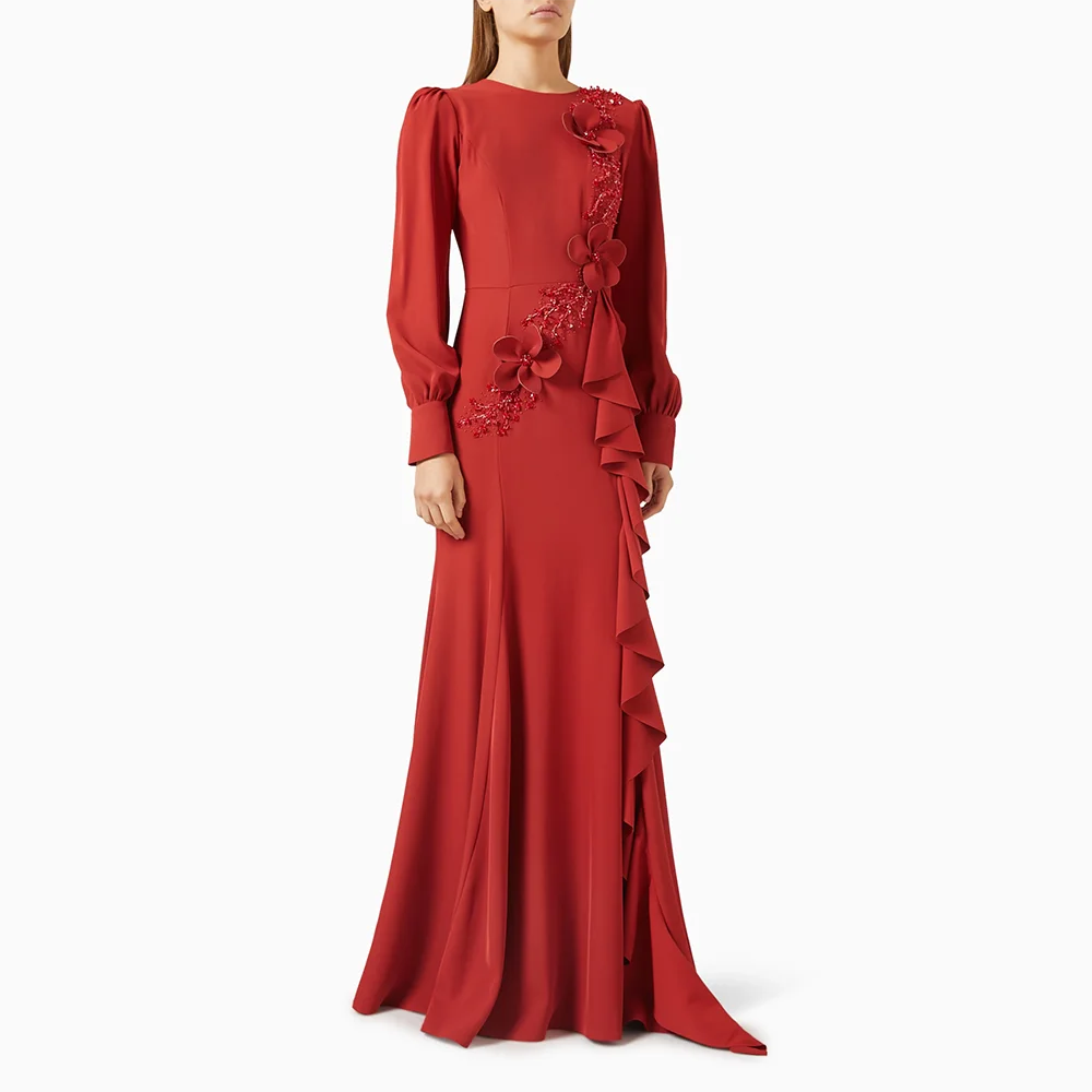 

Red Wedding Guest Dresses for Women 2025 O-Neck Mermaid Formal Party Gowns Long Sleeves Applique Evening Dress Customized