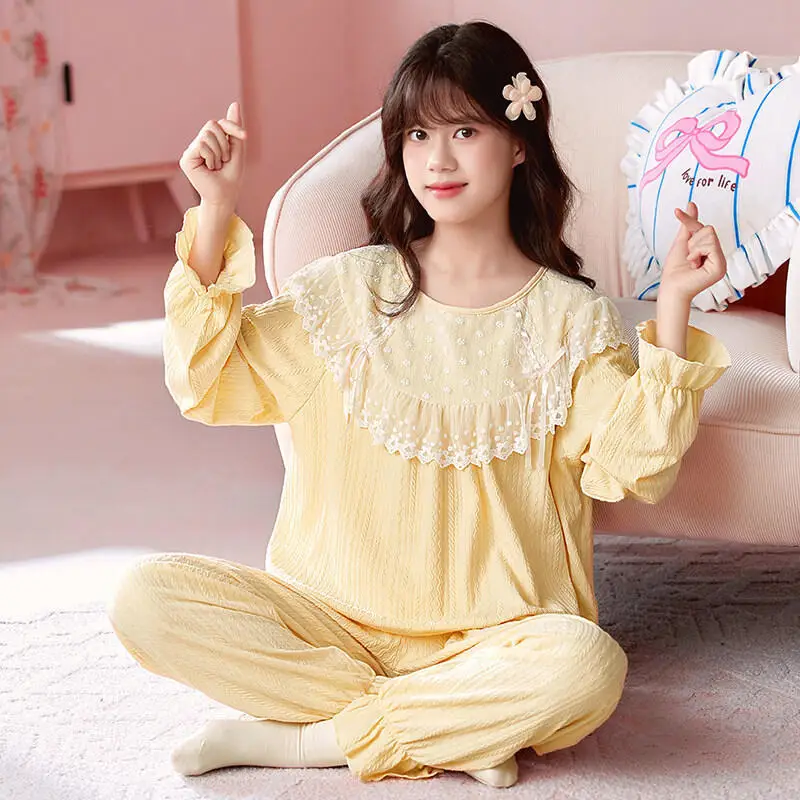 Girls' Sleepwear Children's Long Sleeved Pants New Spring and Autumn Sets Princess Style Home Clothes Set for Adults and Girls