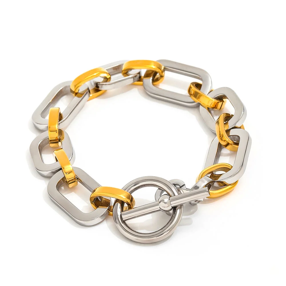 

Joolim Jewelry Wholesale High End PVD Waterproof Fashion Chunky Statement Two-tone Toggle Stainless Steel Bracelet for Women
