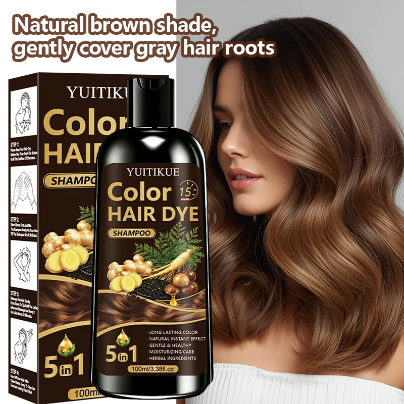 YUITIKUE 5 In 1 Hair Dye Shampoo 100ml 15 Minutes Quick Color Herbal Cover Gray Hair Long Last Gentle Hair Color Wash