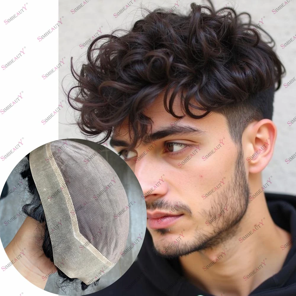 

20 мм человеческие волосы мужские лысая заплата капиллярный протез 22 мм свободные вьющиеся дышащие натуральные волосы моно PU по периметру мужской парик