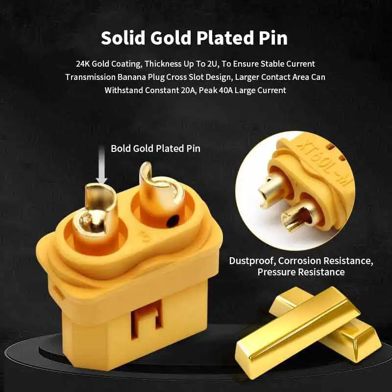 XT60L Aircraft Model Plug With Lock Brass Real Gold Plating High Current 500VDC XT60 Lithium Battery Connector With 15-30cm Wire