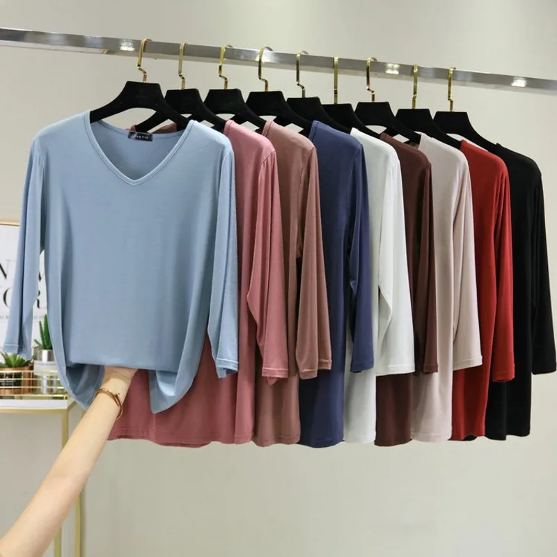 

Korea style Modal Tshirts Three Quarter Sleeves Women Autumn Bottoming T-shirt V-neck Loose Casual Tee tops Solid color