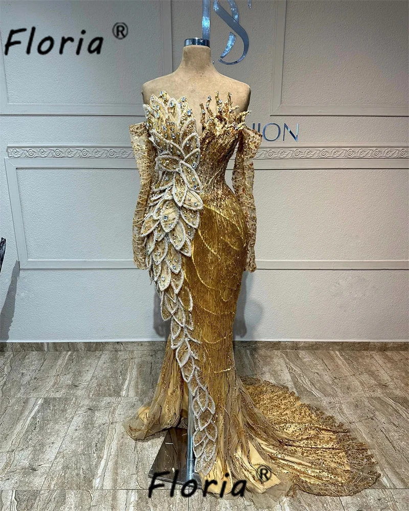 

Gorgeous Gold Dubai Mermaid Evening Dresses with Long Tassels Beaded Appliques 3D Luxury Wedding Party Dress Robe de soireee New