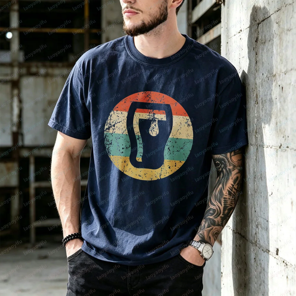 Retro Multicolor Stripe Beer Glass Graphic Tee Men Cotton Tshirt Vintage Distressed Beer Fan Streetwear Breathable Unisex Tees