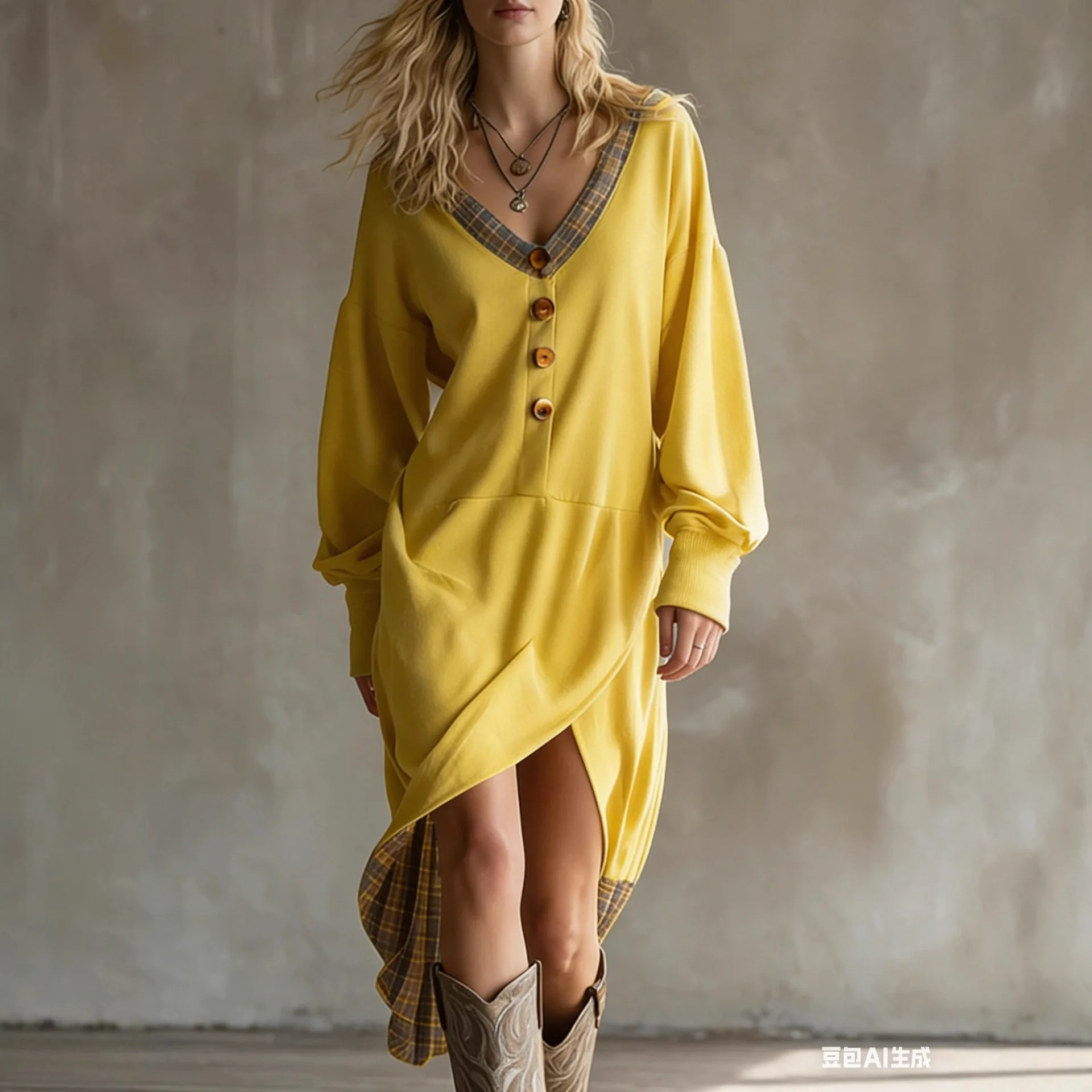 Abito lungo elegante a maniche lunghe primavera autunno Abbigliamento da donna Abito maxi con bottoni scozzesi patchwork retrò Abiti con spacco alla moda