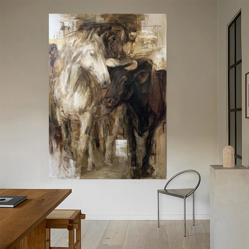 

Modern Home Abstract Oil Painting Handmade Canvas Paint Nordic Black gray horse Wall Art picture For Living Room Decor Gift