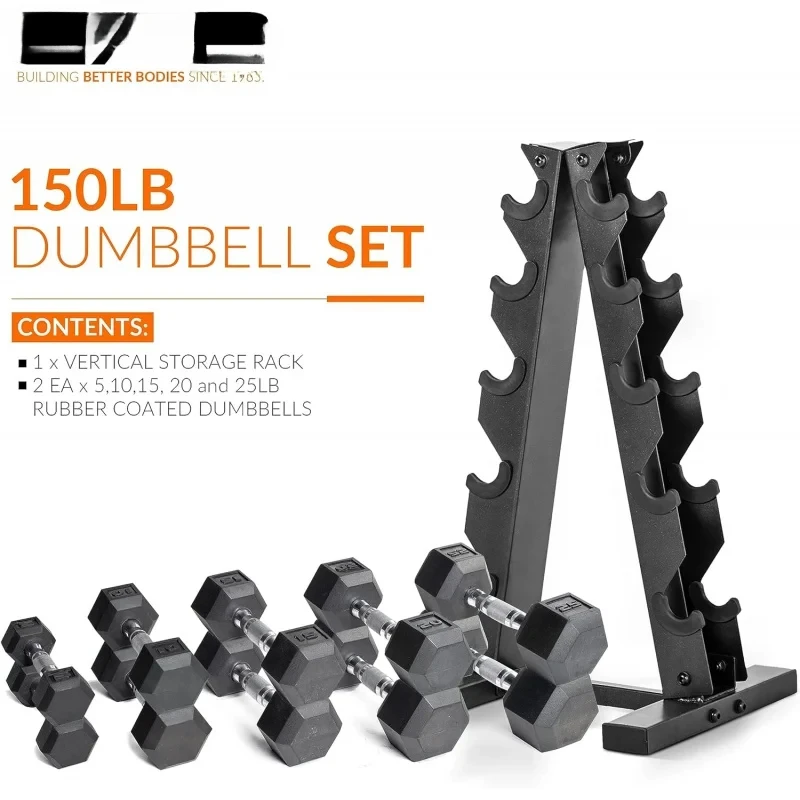 ACAP Barbell 150 LB Coated Hex Dumbbell Weight Set with Vertical Rack | Multiple Colors