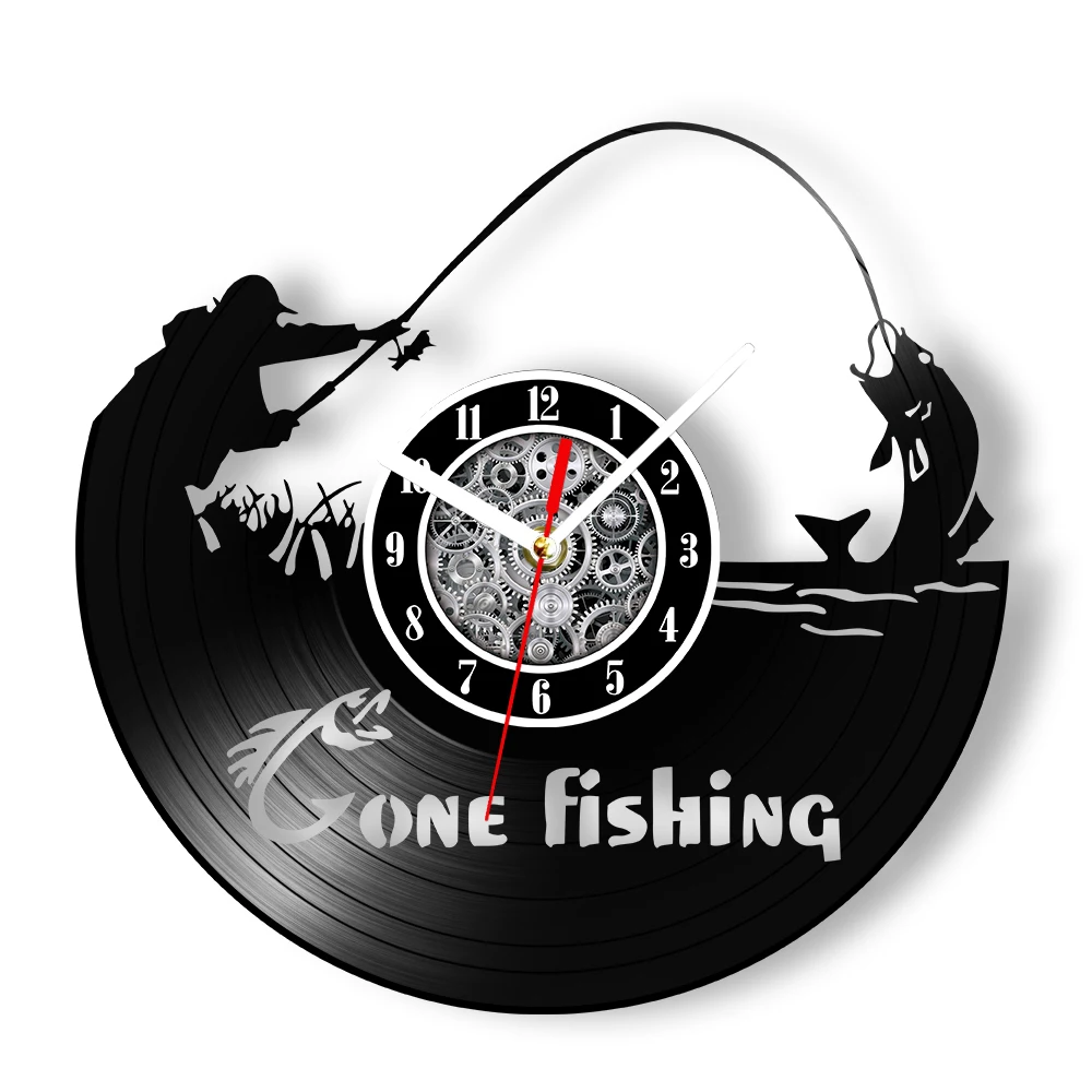 Gone Fishing Music Album Longplay Vinyl Record Wall Clock For Man Cave Cabin Farmhouse Home Decor Artwork Clock Fisherman Gift