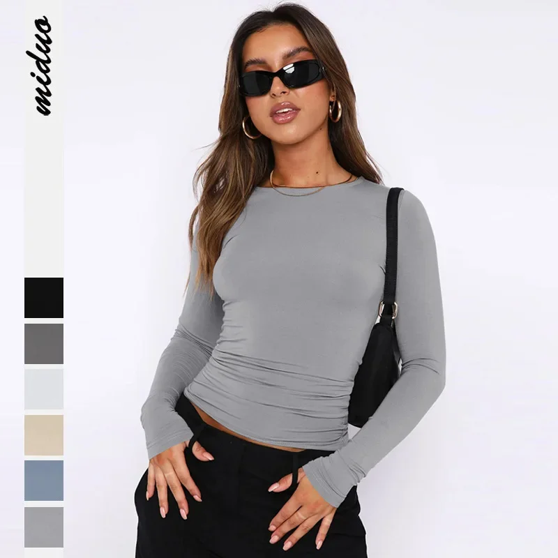 

Solid Sexy Slim T-Shirt Women Y2K Long Sleeve Tops Casual Crew Neck Femal Tight Pullover New 2025 Spring Classic Women Grey Tops